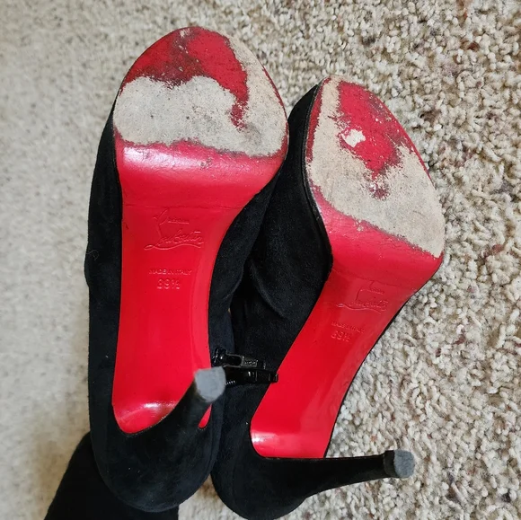 Christian Louboutin Black Suede Peep-Toe Booties Zip Heels Sz. 39.5 - Picture 6 of 8
